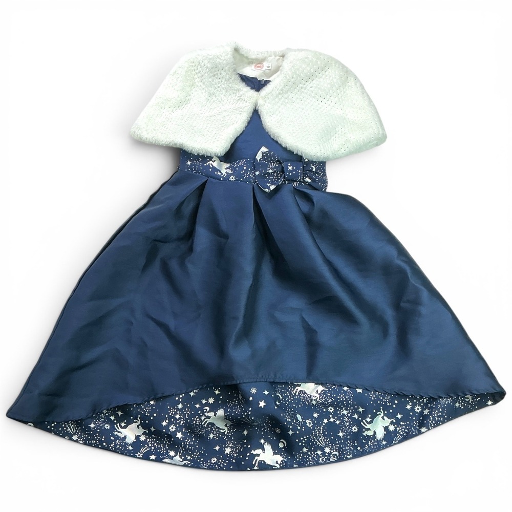 Wonder Nation Blue High Low Dress Kids 7 Unicorn Celestial Faux Fur Shrug Set
